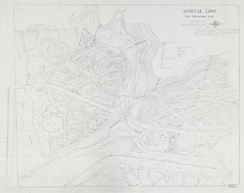 Arsenal Town [cartographic material] : first preliminary plan / signed J.C. Morell, town planner, 11/12/18 ; this plan has been prepared for discussion by the Arsenal Town Committee