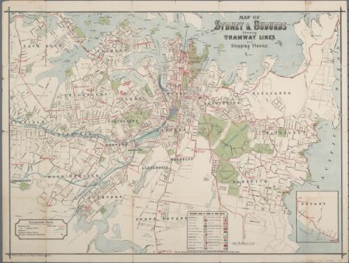 Map of Sydney & suburbs showing tramway lines and stopping places