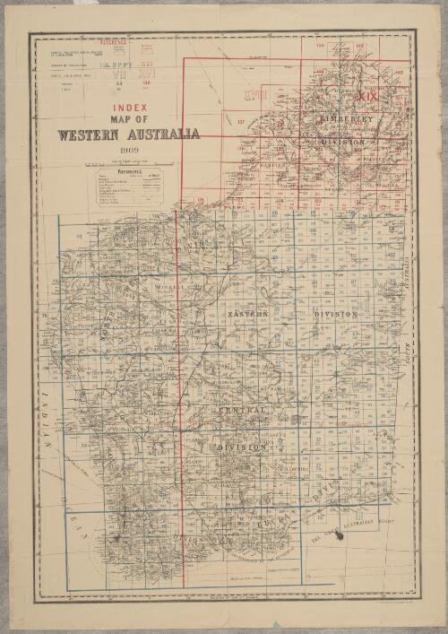 Index map of Western Australia 1909 : [to sheets 300 chns, 1 mile, 10 mile and 10 mile topographical series] / [Department of Lands and Surveys]