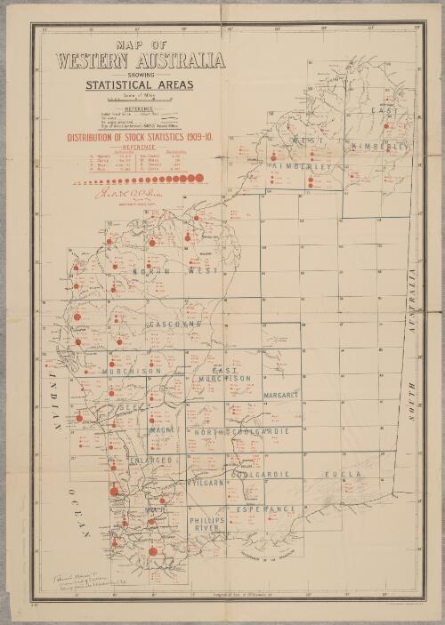 Map of Western Australia showing statistical areas. Distribution of stock statistics 1909-10 / Malcolm A.C. Fraser government statistician