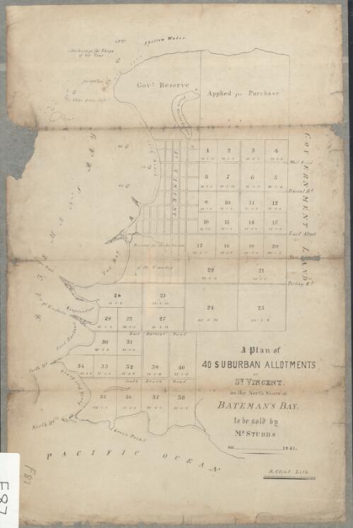 A plan of 40 suburban allotments at St Vincent [cartographic material] on the north shore of Bateman's Bay, ... 1841 / R. Clint Lith