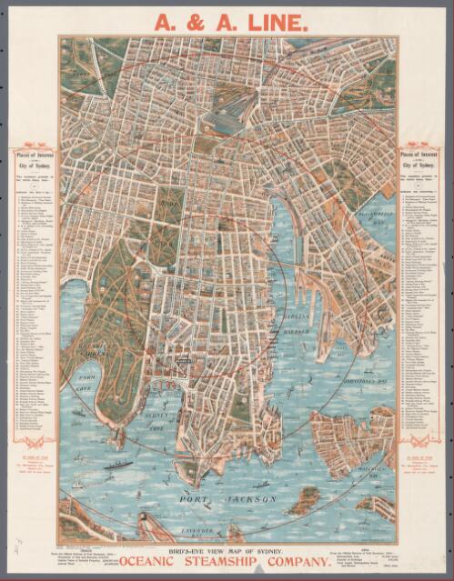 Bird's eye view map of Sydney [cartographic material] / Oceanic Steamship Company ; John Andrew & Co. Copyright Sep. 1905,. J.A.G