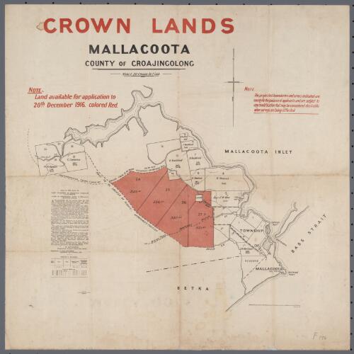Crown lands, Mallacoota [cartographic material] : County of Croajingolong / Photo-lithographed at the Department of Lands and Survey, Melbourne by W.J. Butson 28.10.16