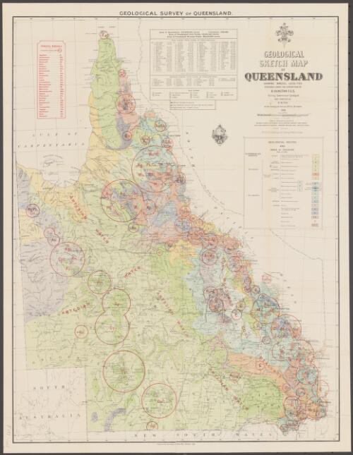Geological sketch map of Queensland [cartographic material] : showing mineral localities / map drawn on stone by H.W. Fox ; prepared under the supervision of B. Dunstan Acting Government Geologist and compiled by H.W. Fox ... 1905