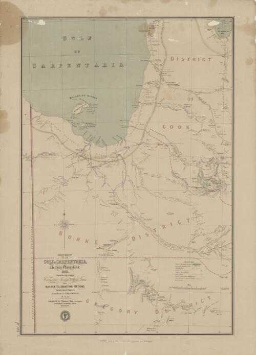District of the Gulf of Carpentaria, Northern Queensland 1868 [cartographic material] : shewing position of Carnarvon, Norman & Burke towns, with mail routes, squatting stations ... / Compiled by Thomas Ham, Chief Engraver, Government Engraving Office Brisbane