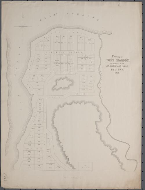 Township of Port Maldon [cartographic material] : on the estate of the Van Diemen's Land Company, Emu Bay, 1858 / Ja.s Truscott & Son, Litho