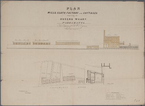 Plan of the mills, cloth factory and cottages adjoining the Queens Wharf, Parramatta [cartographic material] : the property of J.W. Byrnes. / W.M. Brownrigg, Surveyor