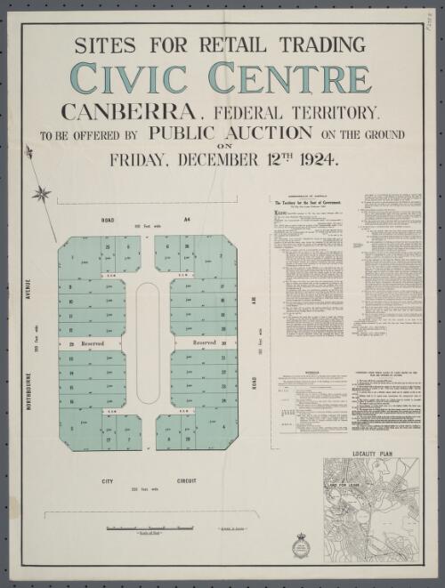Sites for retail trading, Civic Centre Canberra [cartographic material] / to be offered by public auction on the ground on Friday 12th December 1924