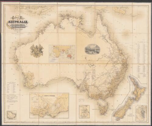 General map of Australia and Tasmania or Van Diemen's Land [cartographic material] : shewing the British colonies as divided into counties, 1857 / drawn from the British & French Government surveys and other sources ; with the new electoral divisions of the Colony of Victoria ; drawn by F. Ravenstein