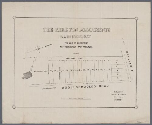 The Kirkton allotments, Darlinghurst [cartographic material] : for sale by auction by Messrs Richardson and Wrench / F.H. Reuss, architect & surveyor