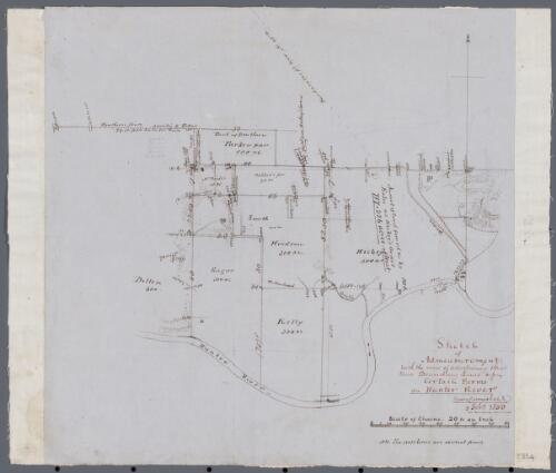 Sketch of admeasurement [cartographic material] : with the view of ascertaining the true boundary lines of certain farms on Hunter River / Henry Carmichael, 5 Feb.y 1850