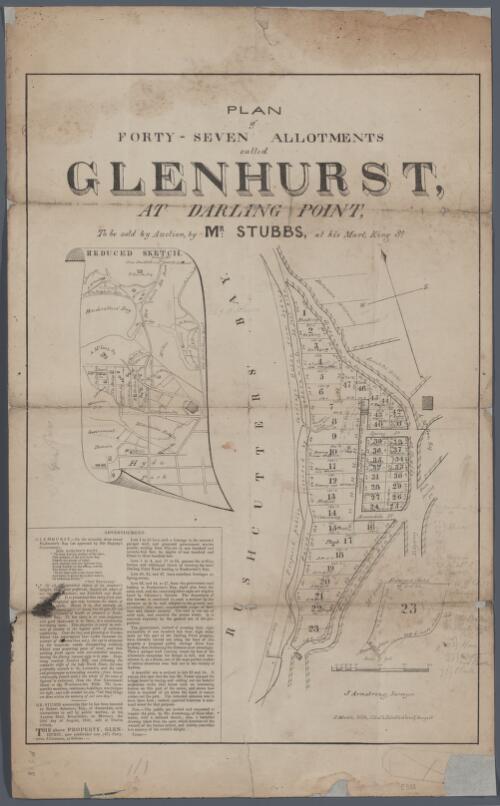 Plan of forty seven allotments called Glenhurst at Darling Point [cartographic material] : to be sold by auction by Mr. Stubbs at his mart King st / J. Armstrong Surveyor