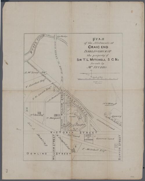 Plan of the allotments at Craig End Darlinghurst the property of Sir T.L. Mitchell SC & [cartographic material] : for sale by Mr Stubbs