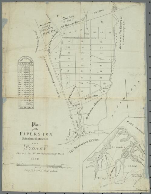 Plan of the Piperston suburban allotments near Sydney [cartographic material] : for sales by Mr. Stubbs on the 14 of March 1842 / E.J.H. Knapp Surveyor