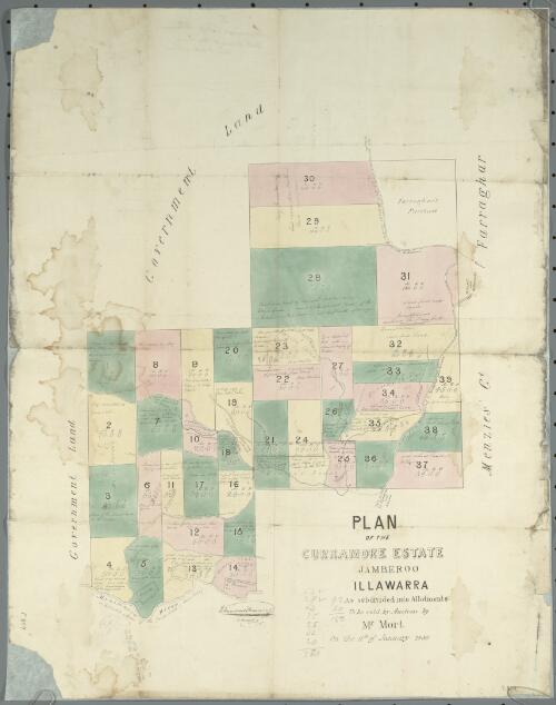 Plan of the Curramore Estate, Jamberoo, Illawarra [cartographic material] : as subdivided into allotments to be sold by Mort on the 11th January 1850 / W. Meadows Brownrigg Surveyor