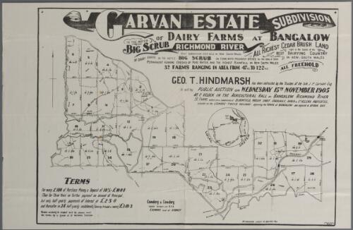 Garvan estate subdivision of dairy farms at Bangalow, Richmond River [cartographic material] / Cowdery & Cowdery, licensed surveyors under R.P.A. Lismore and at Sydney