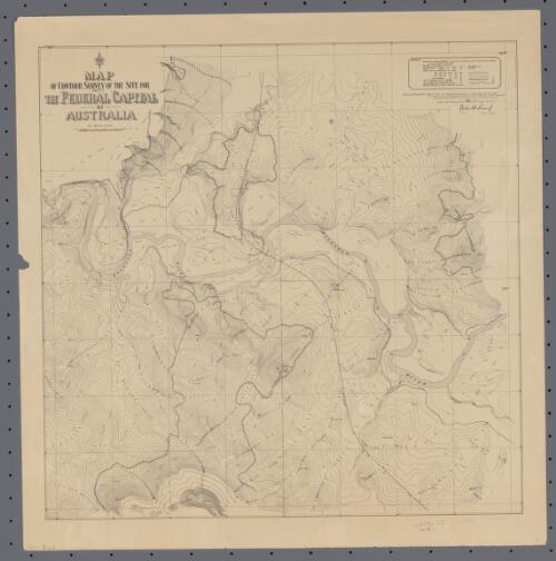 Map of contour survey of the site for the federal capital of Australia [cartographic material] / reduced by photolithography from drawing on stone and printed by the Department of Lands, Sydney, New South Wales, from original plan by F.J. Broinowski by authority of the ... Minister for Lands, September, 1910