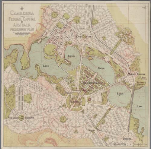 Canberra Federal Capital of Australia preliminary plan [cartographic material] / [signed] Walter Burley Griffin 1913