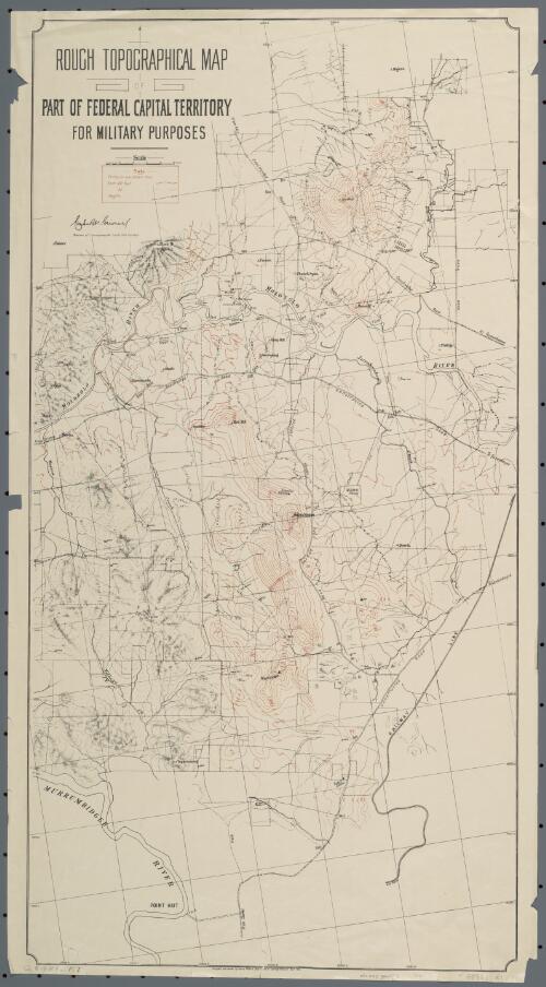 Rough topographical map of part of Federal Capital Territory for military purposes [cartographic material] / compiled and drawn by Home Affairs Dept. Lands & Surveys Branch