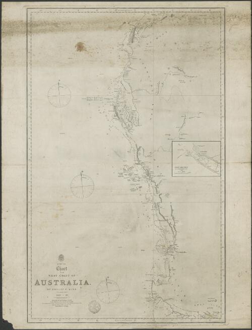Chart of the west coast of Australia. Sheet VIII [cartographic material] / by Phillip P. King, Commander R.N. 1818-22, with additions by Commander Stokes 1842 and Septimus Roe esqre 1855. Sharks Bay by Captn. Denham R.N. 1859. J. Walker sculpt