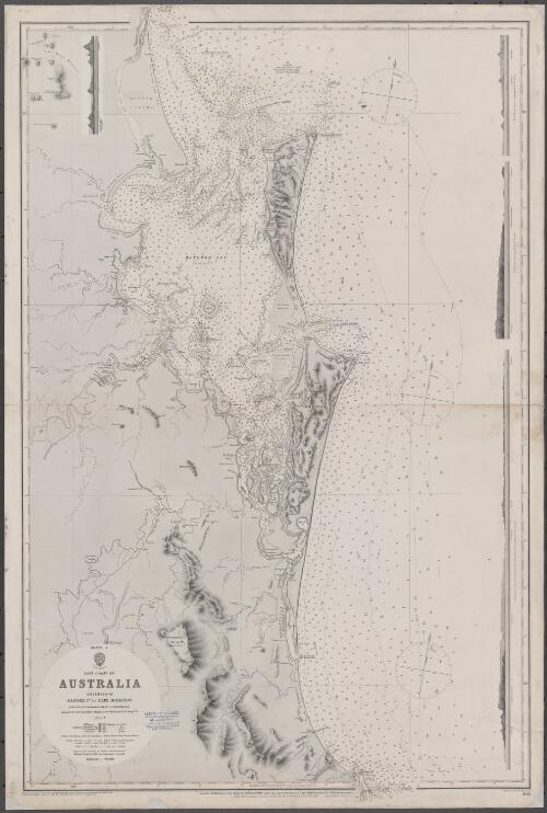 East coast of Australia Queensland [cartographic material]. Sheet IX, Danger Pt. to Cape Moreton / surveyed by Navigating Lieut. E. P. Bedwell, R.N. Assisted by Navg. Lieut. H. J. Stanley & Navg. Sub-Lieut. E. H. S. Bray, R.N. 1865-7. Engraved by Davies, Bryer & Co. Drawn for engraving by R. C. Carrington, & H. Sharbau, Hyd. Off. under the direction of Captain R. Hoskyn
