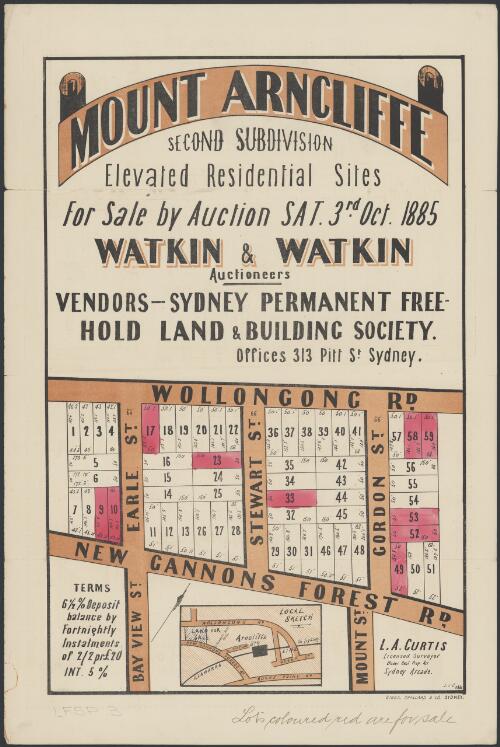 Mount Arncliffe [cartographic material] : second subdivision, elevated residential sites for sale by auction Sat. 3rd Oct. 1885 Watkin & Watkin Auctioneers, vendors - Sydney permanent free-hold land & Building Society, Offices 313 Pitt St. Sydney