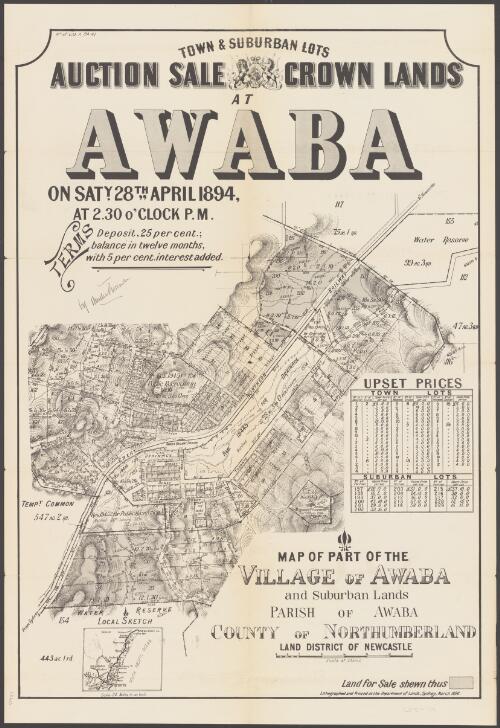 Town & suburban lots, auction sale, crown lands, at Awaba [cartographic material] / on Saty. 28th April 1894, at 2.30 o'clock p.m