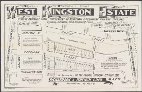 West Kingston Estate [cartographic material] : for auction sale on the ground Saturday 13th Sepr. 1902 at 3 p.m. / Richardson & Wrench Limtd., Auctioneers, 98 Pitt St. ; J.M. Cantle, draftsman, 30 Pitt Street