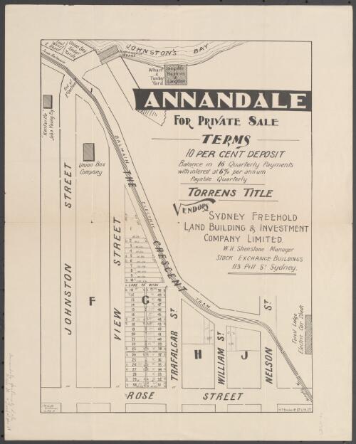 Annandale [cartographic material] : for private sale / vendors, Sydney Freehold Land Building & Investment Company Limited, W.H. Shenstone Manager, Stock Exchange Buildings, 113 Pitt St. Sydney