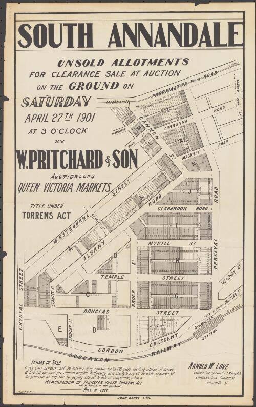 South Annandale [cartographic material] : unsold allotments, for clearance sale at auction, on the ground on Saturday April 27th 1901, at 3 o'clock / by W. Pritchard & Son, auctioneers, Queen Victoria Markets