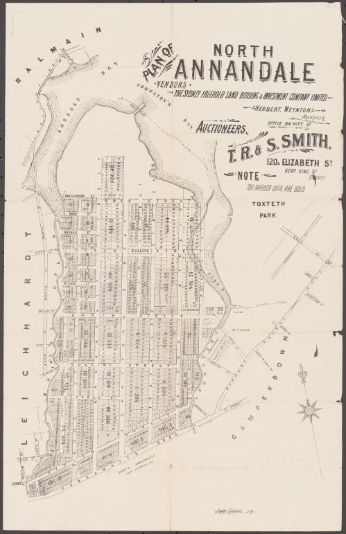 Plan of north Annandale [cartographic material] / vendors, the Sydney Freehold Land Building & Investment Company, Herbert Weynton, Manager, Office, 184 Pitt St., auctioneers, T.R. & S. Smith, 120a Elizabeth St., near King St., Sydney