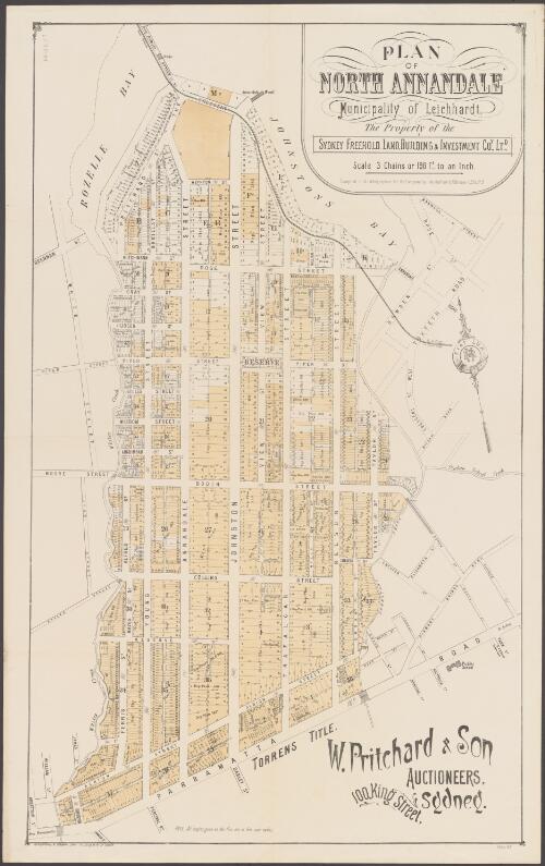 Plan of north Annandale [cartographic material] : municipality of Leichhardt / the property of the Sydney Freehold, Land, Building & Investment Coy. Ltd., W. Pritchard & Son, auctioneers, 100 King St., Sydney