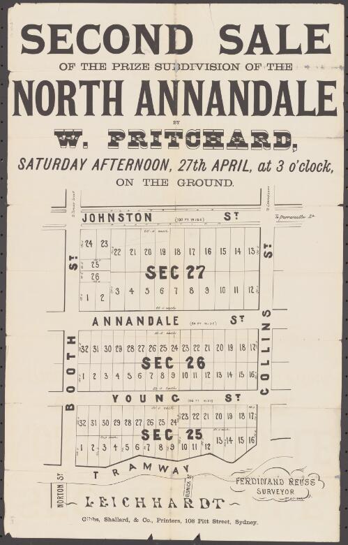 Second sale of the prize subdivision of the north Annandale [cartographic material] / by W. Pritchard, Saturday afternoon, 27th April, at 3 o'clock, on the ground