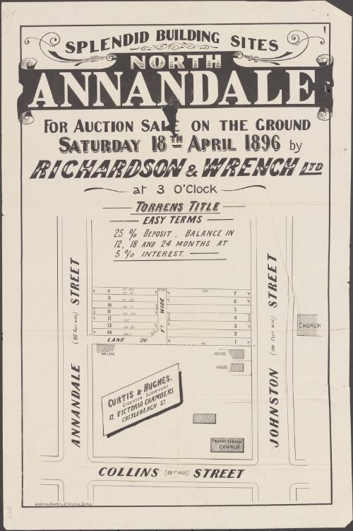 North Annandale, splendid building sites [cartographic material]  / for auction sale on the ground, Saturday 18th April 1896 by Richardson & Wrench Ltd., at 3 o'clock