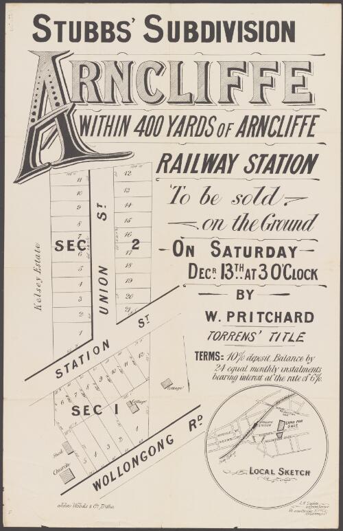 Stubbs' subdivision Arncliffe within 400 yards of Arncliffe Railway Station [cartographic material] : to be sold on the ground on Saturday Decr. 13th at 3 o'clock / by W. Pritchard