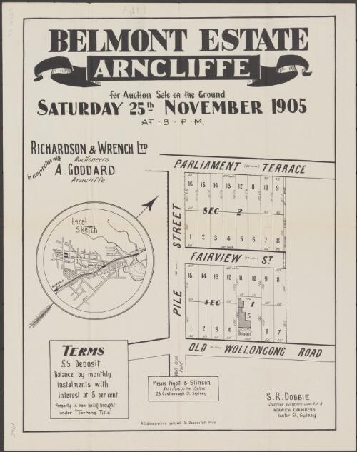 Belmont Estate, Arncliffe [cartographic material] / for auction sale on the ground, Saturday 25th November 1905, at 3 p.m., Richardson & Wrench, auctioneers, in conjunction with A. Goddard, Arncliffe
