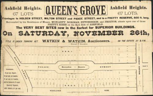 Queen's Grove, Ashfield Heights, 67 lots [cartographic material] : on Saturday, November 26th on the estate at 3 p.m. / Watkin & Watkin, Auctioneers