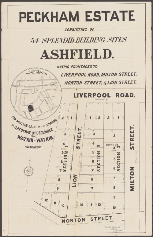 Peckham Estate consisting of 34 splendid building sites, Ashfield [cartographic material] : for auction sale on the ground on Saturday, 3rd December, 1881 / Watkin & Watkin, Auctioneers