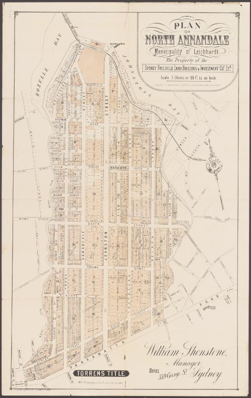 Plan of north Annandale [cartographic material] : municipality of Leichhardt, the property of the Sydney Freehold, Land, Building & Investment Coy. Ltd. / compiled and lithographed for the Company by Higinbotham & Robinson, 62 Elizth. St. ; William Shenstone, Manager, Office, 359 George St., Sydney