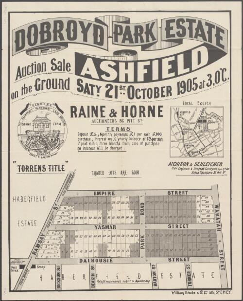 Dobroyd Park Estate, Ashfield [cartographic material] : auction sale on the ground Saty. 21st October 1905 at 3 o'c. / Raine & Horne, Auctioneers 86 Pitt St