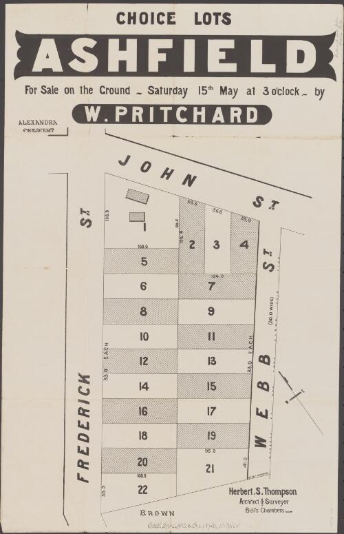 Choice lots, Ashfield [cartographic material] : for sale on the ground, Saturday 15th May at 3 o'clock / by W. Pritchard