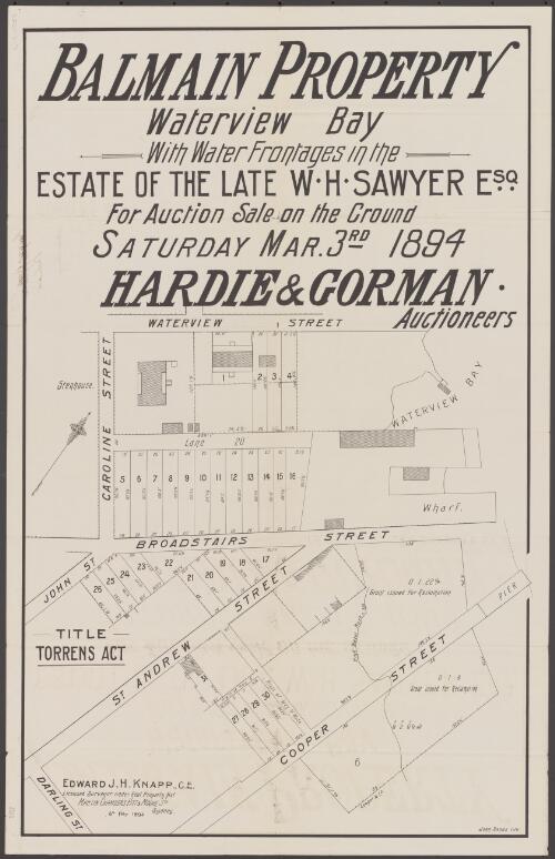 Balmain property, Waterview Bay [cartographic material] : with water frontages in the estate of the late W.H. Sawyer Esq. for auction sale on the ground Saturday Mar. 3rd 1894 / Hardie & Gorman, Auctioneers