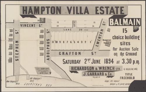Hampton Villa Estate, Balmain [cartographic material] : 15 choice building sites for auction sale on the ground Saturday 2nd June 1894 at 3.30 p.m. / Richardson & Wrench Ltd in conjuction with J. Carrard & Co., Balmain