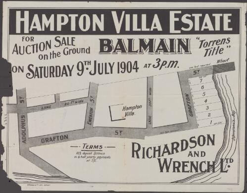 Hampton Villa Estate, Balmain [cartographic material] : for auction sale on the ground on Saturday 9th July 1904 at 3 p.m. / Richardson & Wrench Ltd