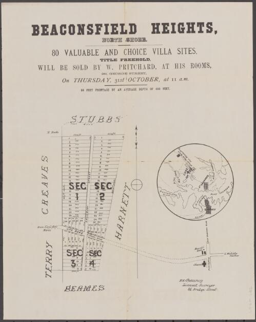 Beaconsfield Heights, North Shore, 80 valuable and choice villa sites [cartographic material] / will be sold by W. Pritchard at his Rooms, 291 George Street, on Thursday 31st October at 11 a.m
