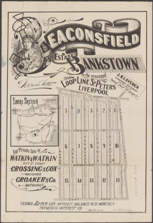 Beaconsfield Estate, Bankstown [cartographic material] : on the proposed loop line St. Peters Liverpool / for private sale by Watkin & Watkin, Pitt St. Sydney, Crossing & Cox, Mudgee, Croaker & Co., Bathurst ; Whitelocke, draftsman