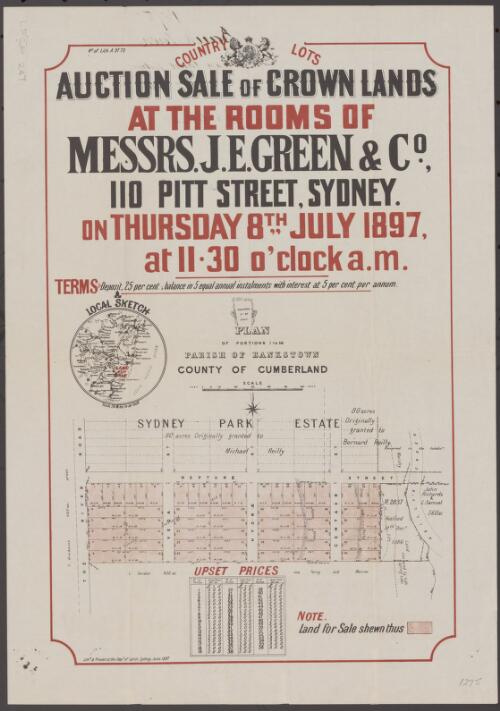 Country lots auction sale of Crown lands at the rooms of Messrs J.E. Green & Co., 110 Pitt Street, Sydney on Thursday 8th July 1897 at 11.30 o'clock a.m. [cartographic material]