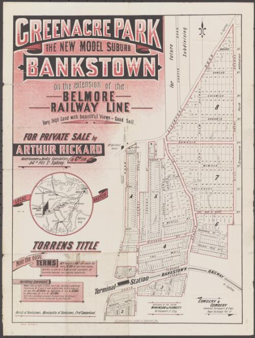 Greenacre Park, the new model suburb Bankstown [cartographic material] : on the extension of the Belmore railway line for private sale / by Arthur Rickard & Co. Ltd, Auctioneers & realty specialists, 84B Pitt Street
