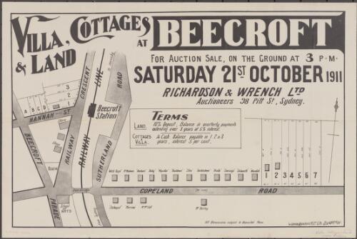 Villa, cottages & land at Beecroft [cartographic material] : for auction sale, on the ground at 3 p.m. Saturday 21st October 1911 / Richardson & Wrench Ltd., auctioneers 98 Pitt St., Sydney