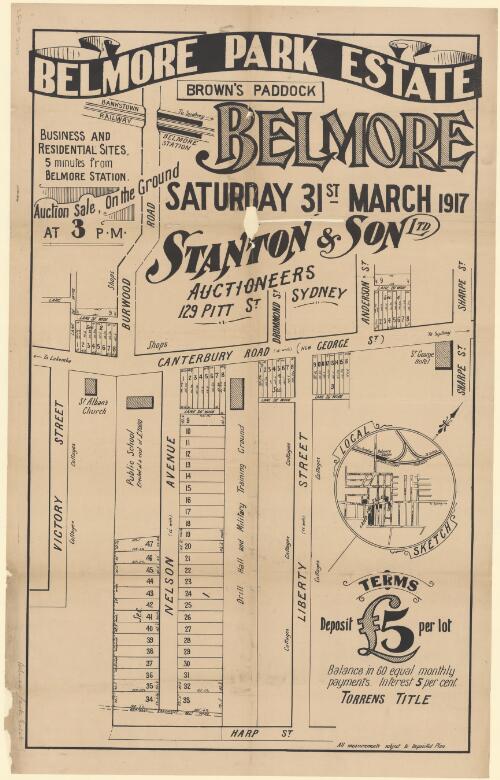 Belmore Park Estate, Brown's paddock, Belmore [cartographic material] : auction sale, on the ground at 3 p.m. Saturday 31st March 1917 / Stanton & Son Ltd, Auctioneers, 129 Pitt St., Sydney